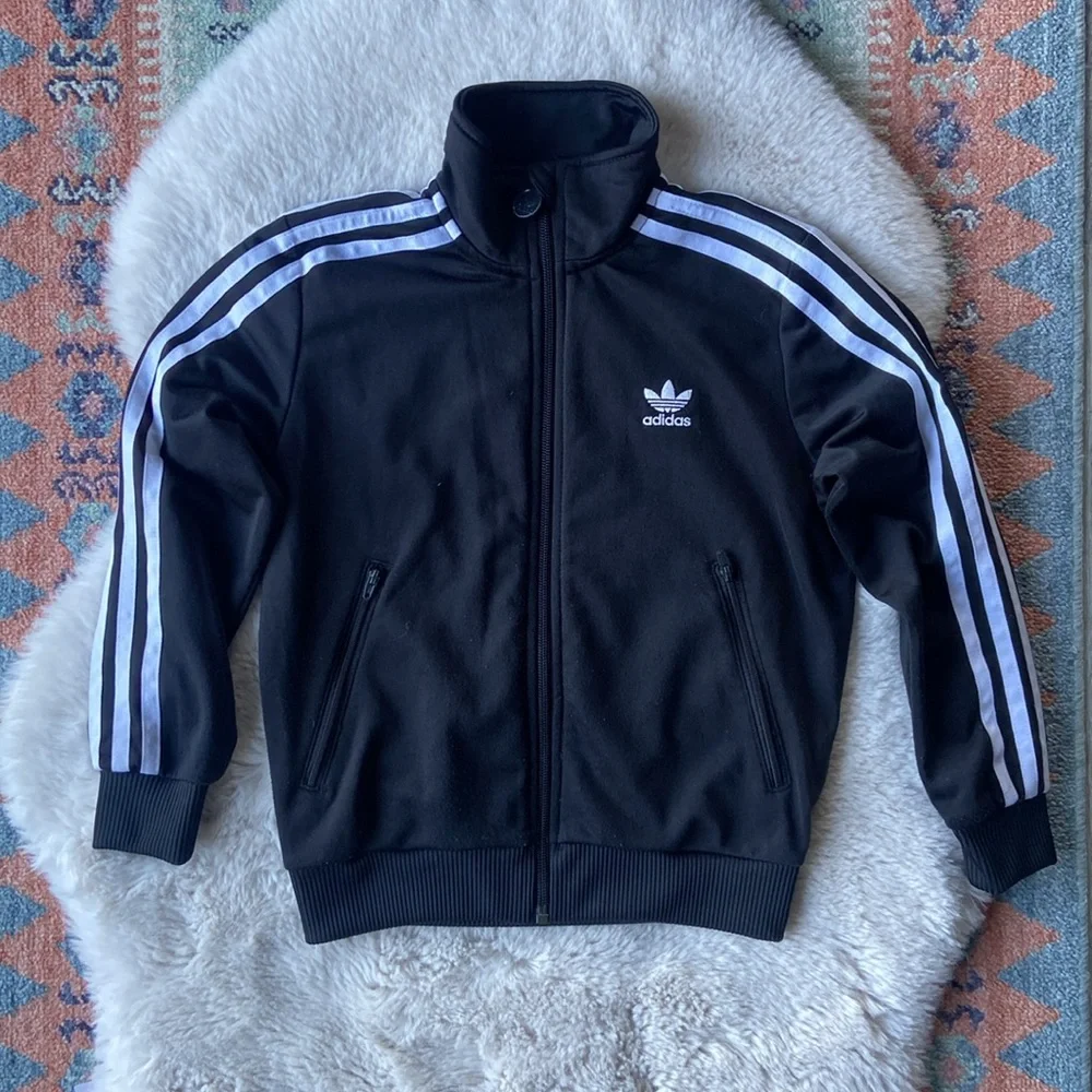 Adidas Original kids black white track jacket zip up lightweight three stripe XS
